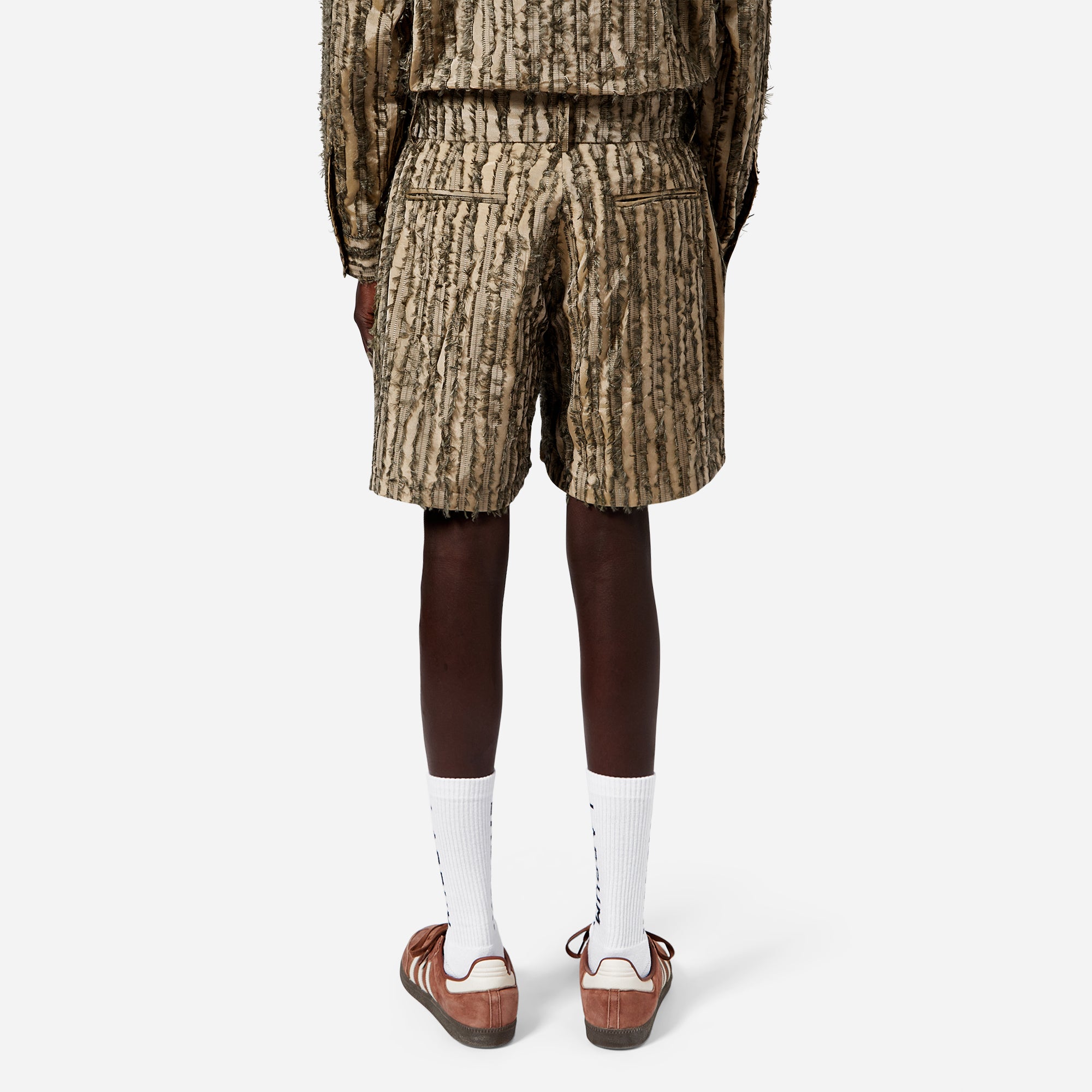 Olive Frayed Striped Tailored Shorts