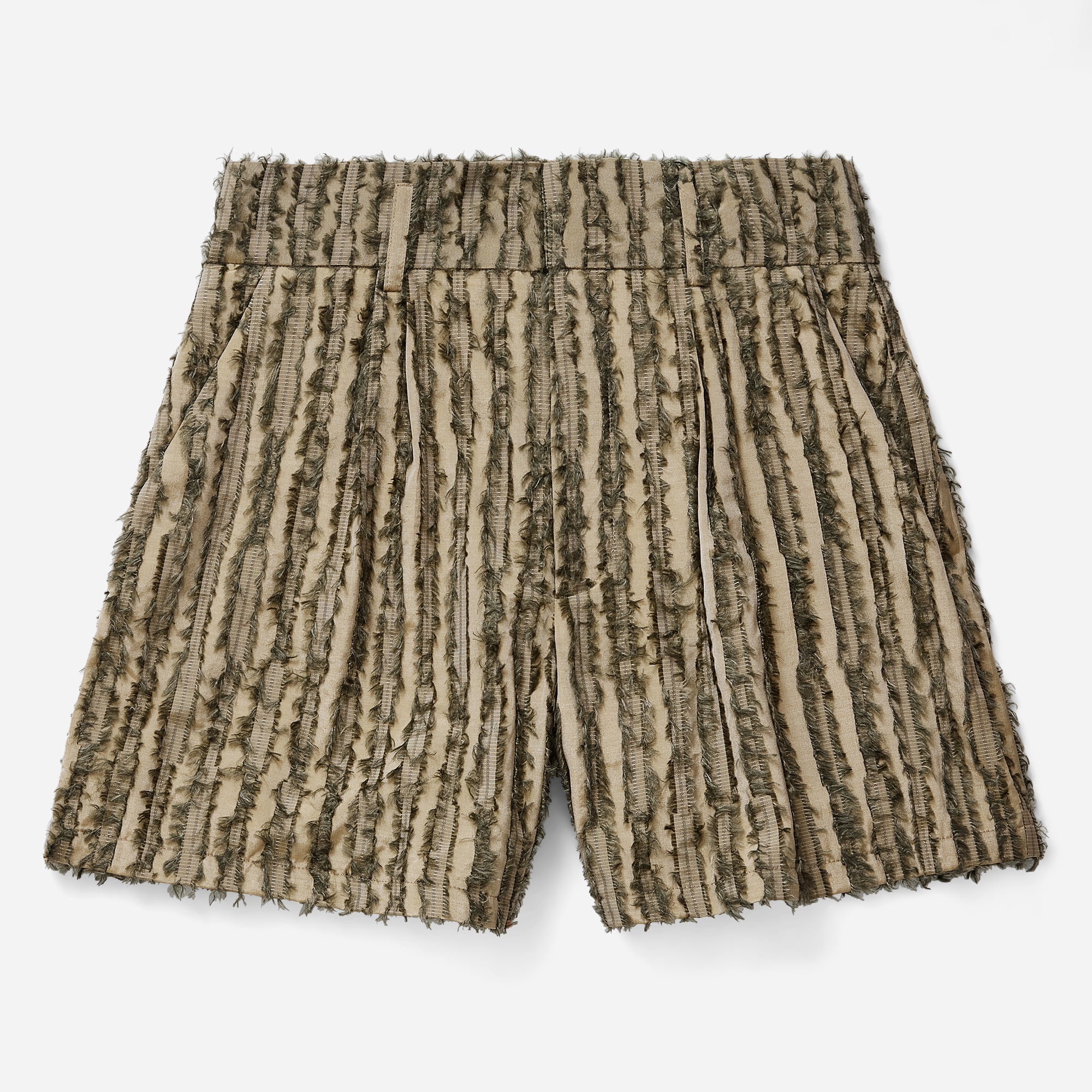 Olive Frayed Striped Tailored Shorts