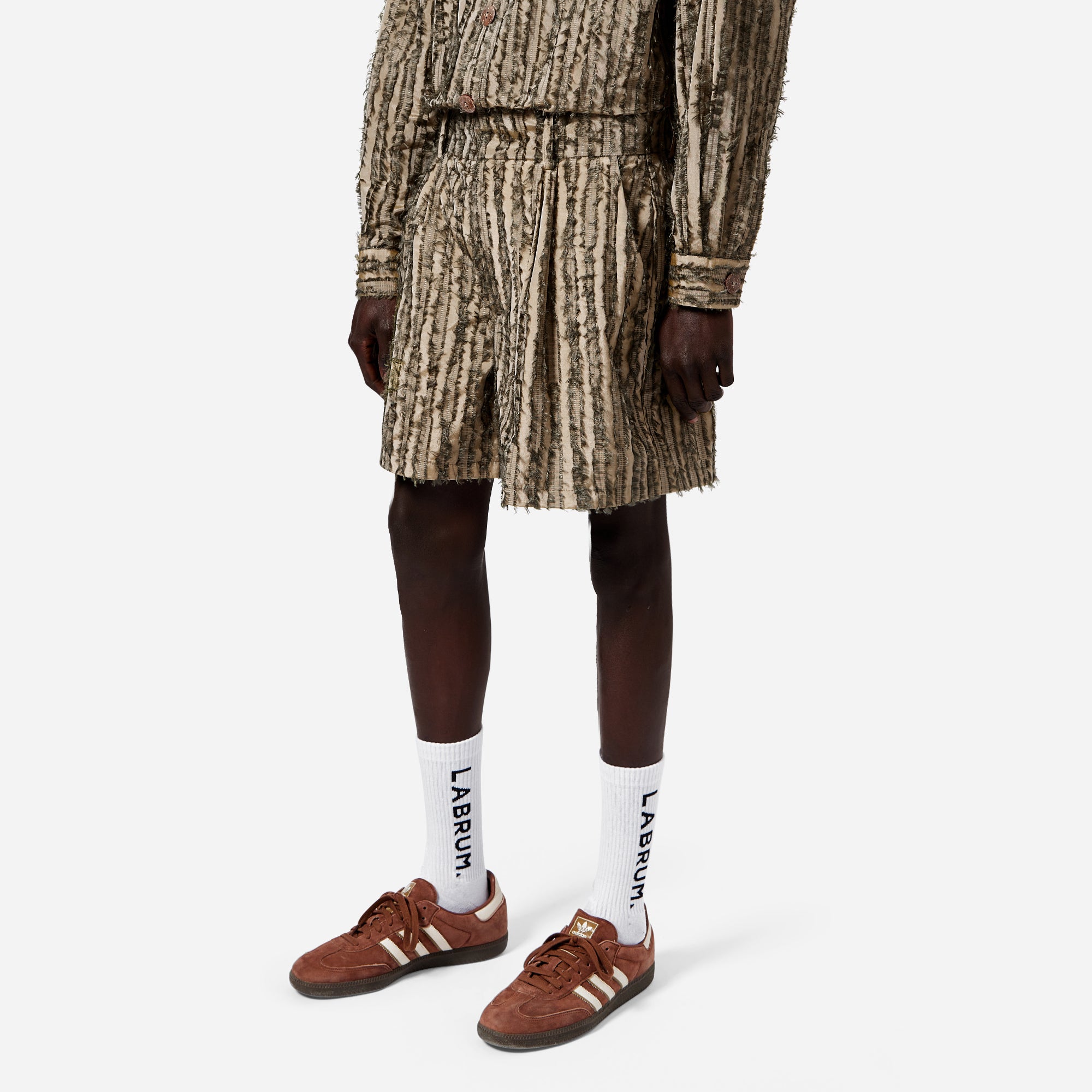 Olive Frayed Striped Tailored Shorts