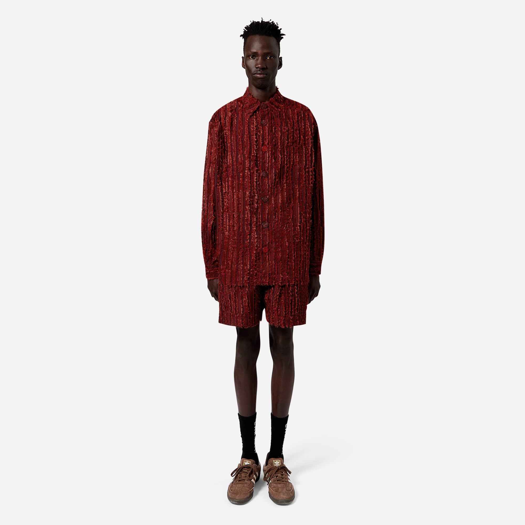 Burgundy Frayed Striped Shirt