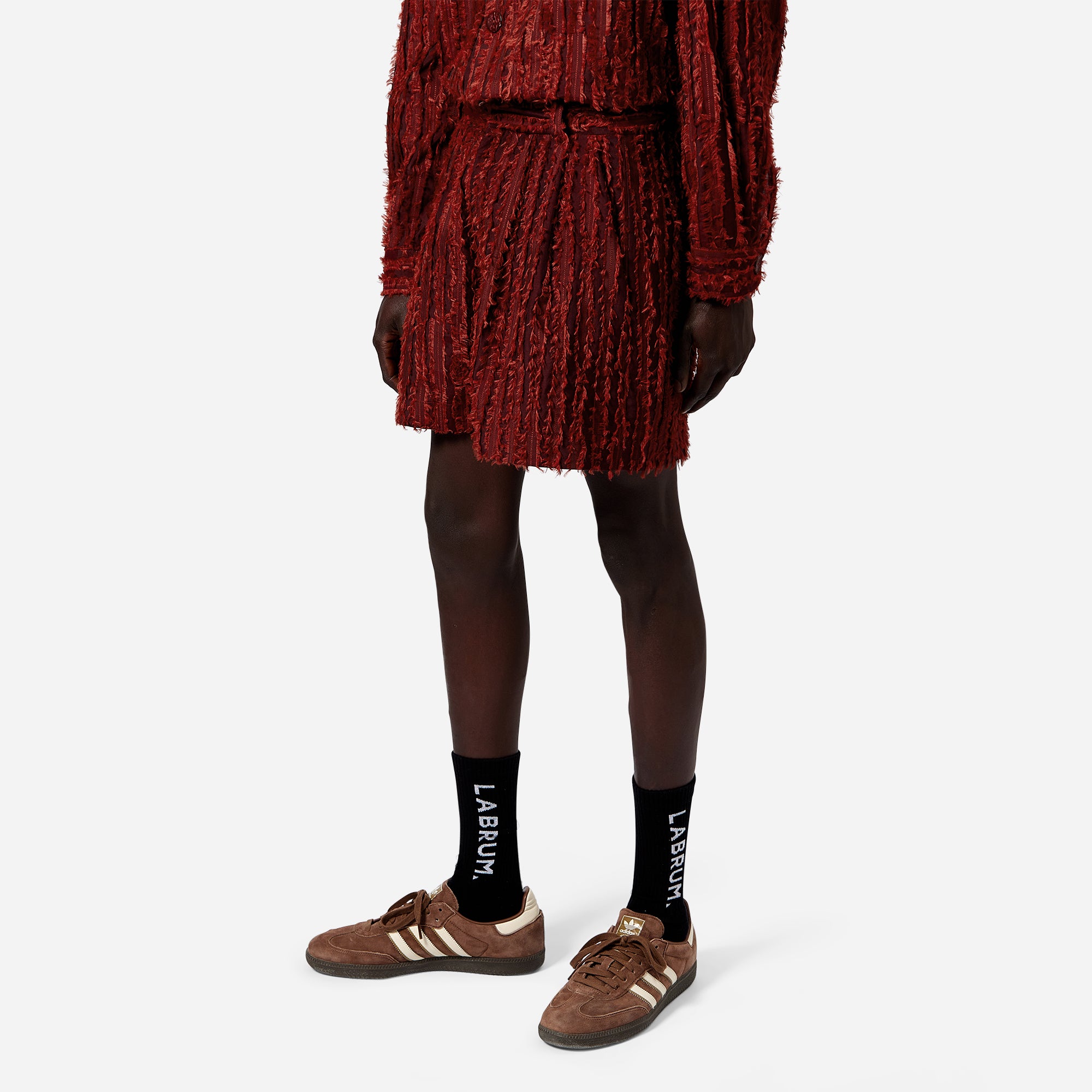 Burgundy Frayed Striped Tailored Shorts