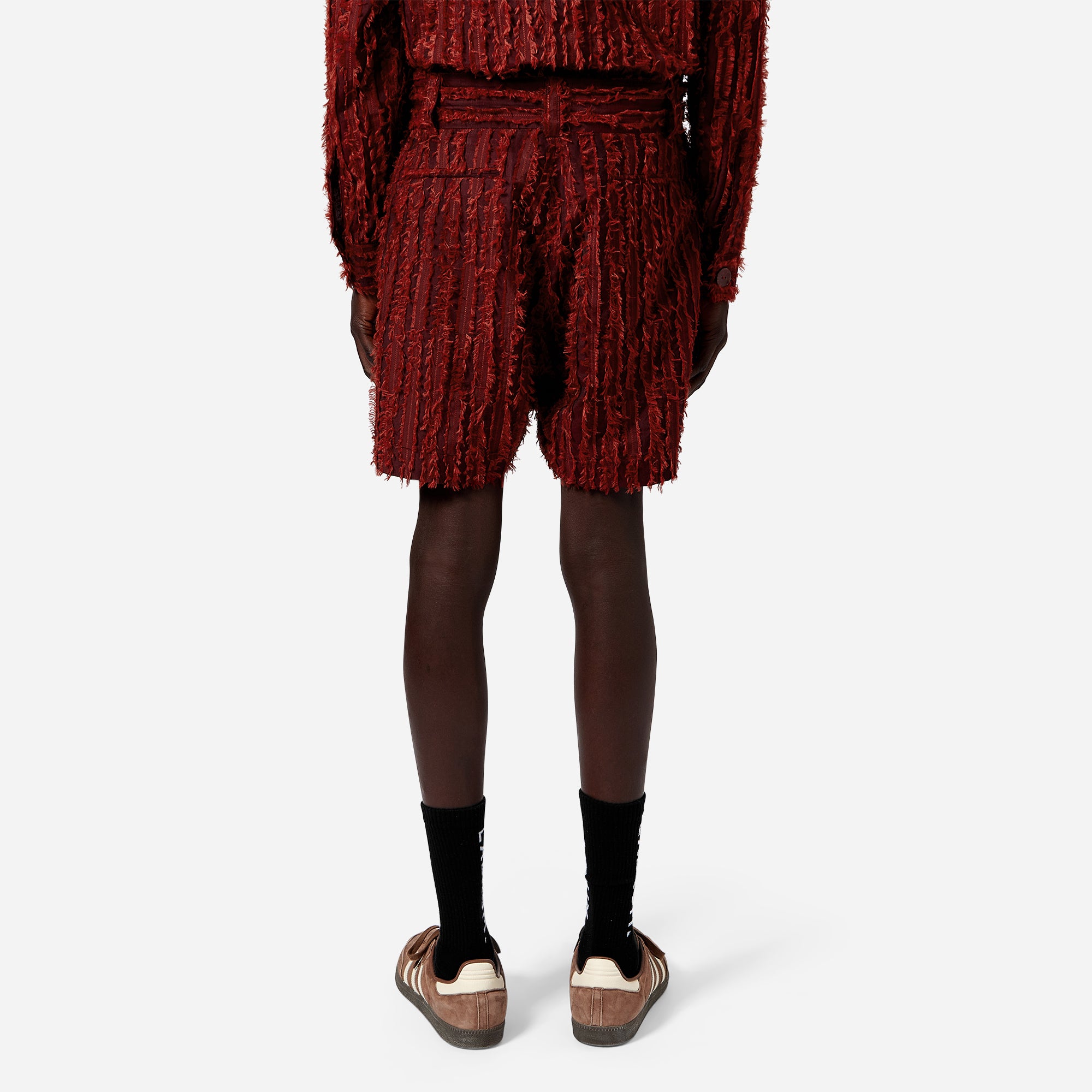 Burgundy Frayed Striped Tailored Shorts